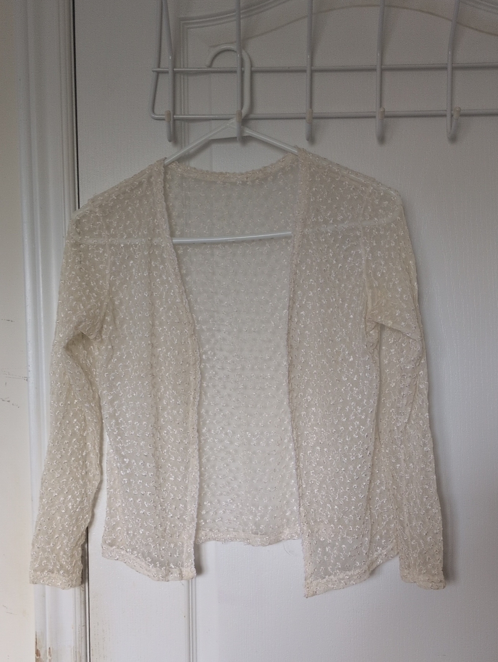 Light Cream Lace Open-Front Women's Long Sleeve Cardigan